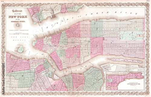 1863, Colton Map of New York City, Manhattan, Hoboken, Brooklyn