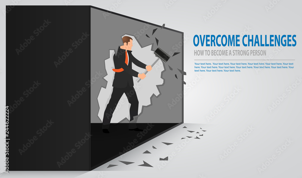 Man cracking old concrete wall. Businessman smashing a wall with a hammer.  The notion of breaking down barriers and achieve goals. Concept of  overcoming obstacles, overcome challenges, strong person. Stock Vector
