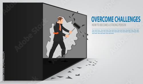 Man cracking old concrete wall. Businessman smashing a wall with a hammer. The notion of breaking down barriers and achieve goals. Concept of overcoming obstacles, overcome challenges, strong person.