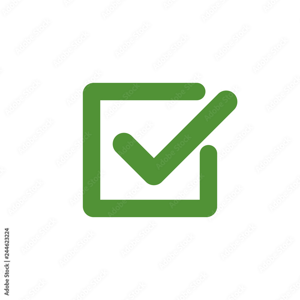 Green check mark icon in a box. Tick symbol in black color, vector illustration. Green check mark icon in a box. Tick symbol in black color, vector illustration.