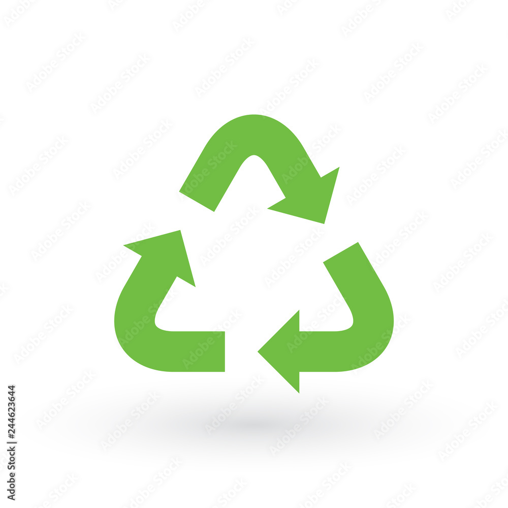Three green arrows with. eco recycle icon. eco sign isolated on white background. Vector reuse illustration. Green flat symbol. Three green arrows with. eco recycle icon. eco sign isolated on white background. Vector reuse illustration. Green flat symbol.