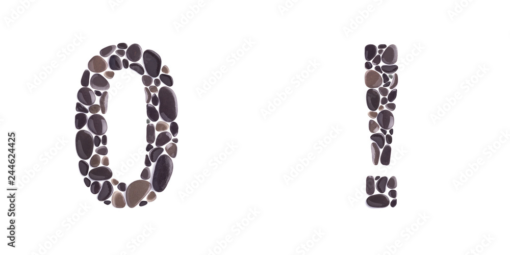 0 and Exclamation mark made of stones isolated on white background 0 and Exclamation mark made of stones isolated on white background