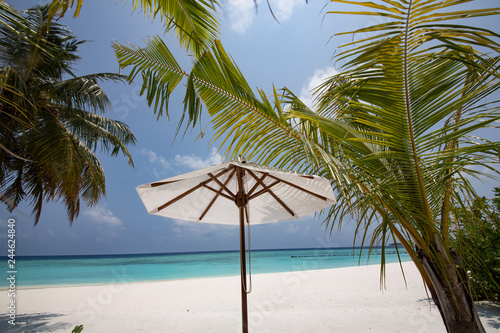 Fototapeta Naklejka Na Ścianę i Meble -  Tropical beach with umbrellas and palm tree