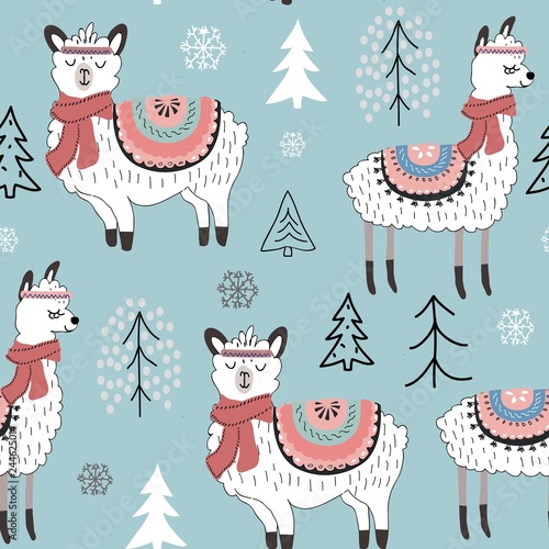 Seamless pattern with llama and cactus. vector illustration for fabric, textile,wallpaper.