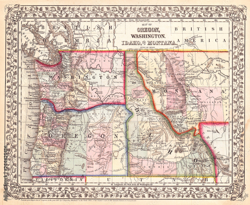 1867, Mitchell Map of Oregon, Washington, Idaho and Montana