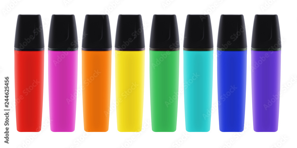Eight colored highlighter pens with lids with clipping path Eight colored highlighter pens with lids with clipping path