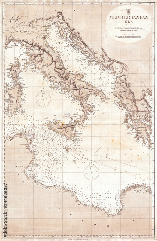1868, British Admiralty Chart or Map of the Mediterranean Sea, Italy, Corsica, Greece, Tunisia