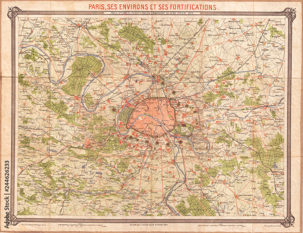 Obraz premium 1870, Erhard Map of Paris and Vicinity, France