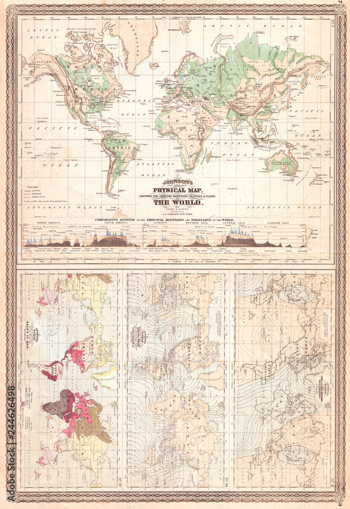1870, Johnson Climate Map of the World w- Physical Map, Tidal Map, Races and Declination