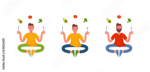 Three thin men sitting in the lotus position with a fork and knife in their hands and around them a healthy meal. Avocado, broccoli, tomato. Healthy lifestyle. Vector illustration in cartoon style.