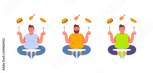 Three fat men in a pose of meditation with a fork and a knife in their hands. Fatty and junk food. Burger, hot dog and shin. Vector illustration in cartoon style.