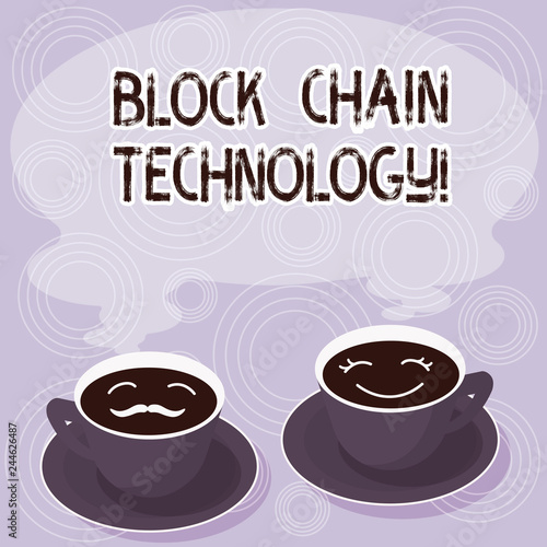 Text sign showing Block Chain Technology. Conceptual photo Digital ledger stored in a distributed network Sets of Cup Saucer for His and Hers Coffee Face icon with Blank Steam