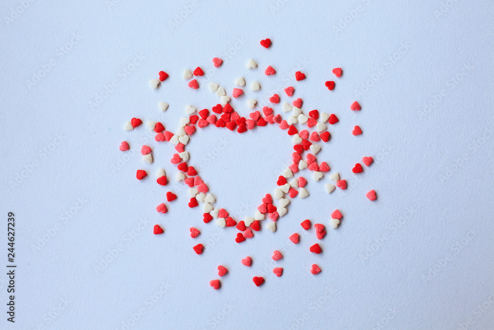 Valentine day background with red and white hearts, top view