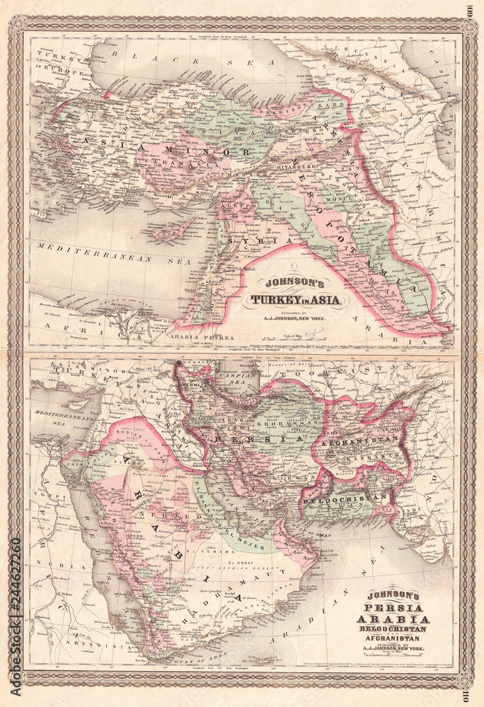 Obraz premium 1870, Johnson Map of Turkey, Persia, Arabia, Iran, Iraq, Afghanistan