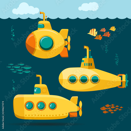 Yellow Submarine undersea with fishes, cartoon style. Vector