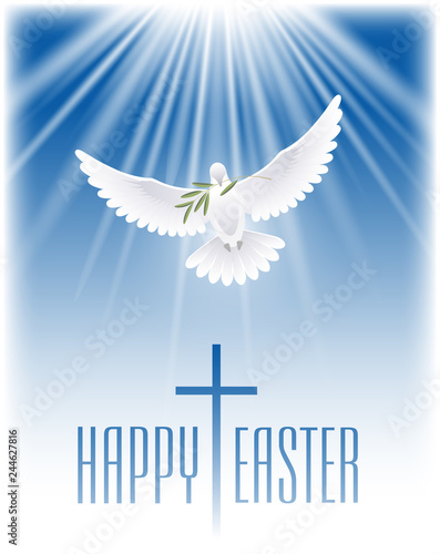 Happy Easter. White dove with olive branch and cross. Vector illustration.