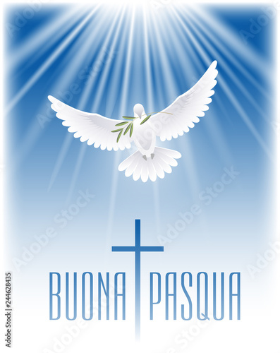 Happy Easter in Italian. Greeting card with cross, white dove and olive branch. Vector illustration.