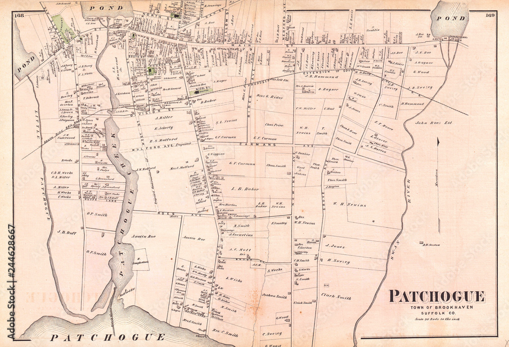 1873, Beers Map of Patchogue, Long Island, New York