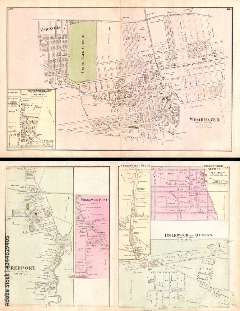 Naklejka premium 1873, Beers Map of Woodhaven, Queens, New York City