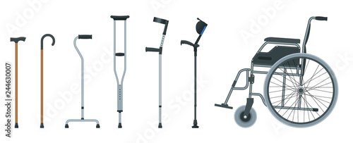 Set of mobility aids including a wheelchair, walker, crutches, quad cane, and forearm crutches. Flat illustration. Health care concept.