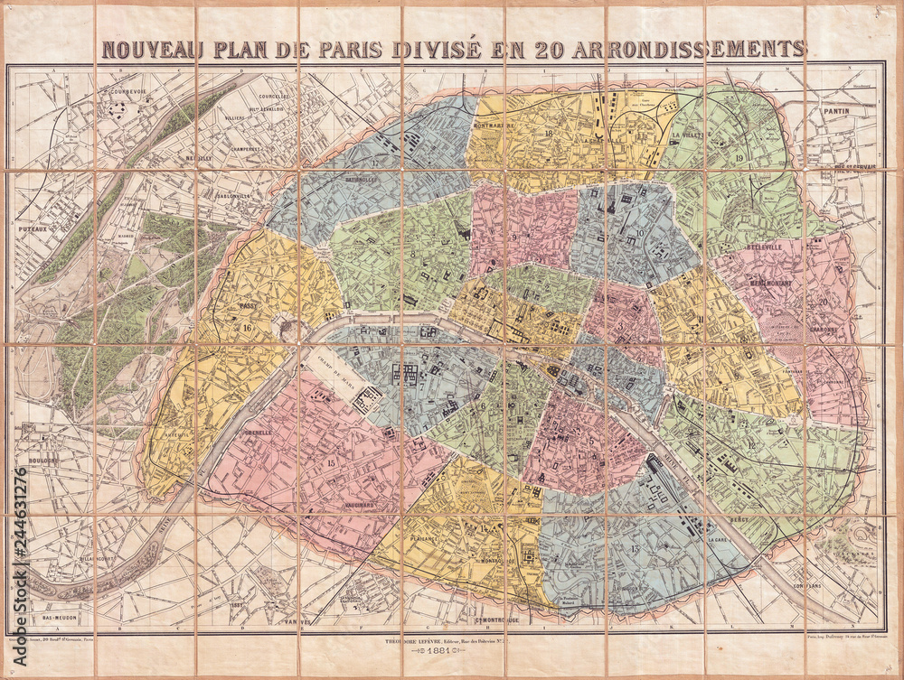 1881, Lefevre Pocket Map or Plan of Paris, France
