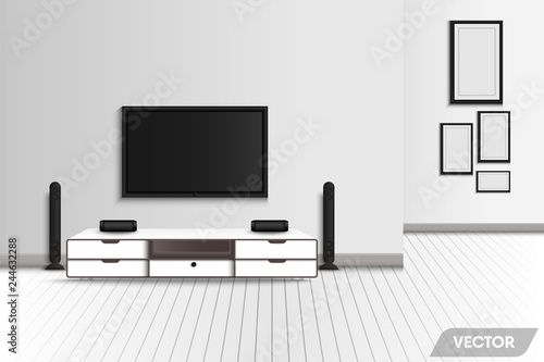 Realistic of modern interior living room and decorative furniture., Television and stereo surrounding of home theater decor., Vector 3D creative design, Illustration.