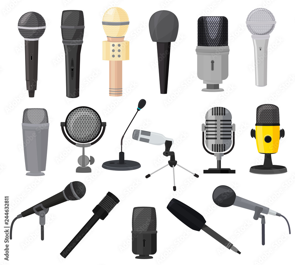 Microphone vector microphones for audio podcast broadcast or music record  technology set of broadcasting concert equipment illustration isolated on  white background Stock Vector | Adobe Stock