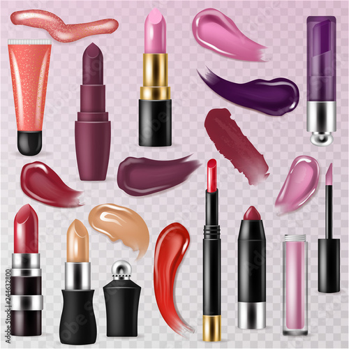 Lipstick vector beautiful red color fashion pink lipgloss lip makeup illustration set of shiny liquid female cosmetic isolated on transparent background