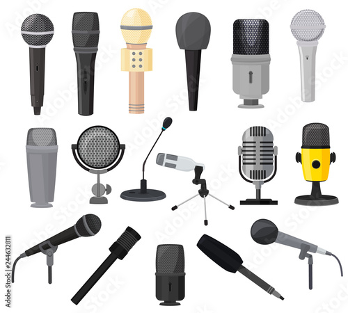 Microphone vector microphones for audio podcast broadcast or music record technology set of broadcasting concert equipment illustration isolated on white background