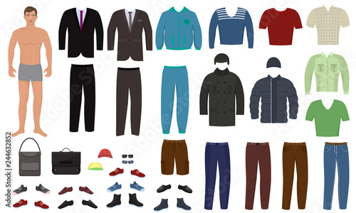 Man clothing vector cartoon boy character dress up clothes with fashion pants or shoes illustration boyish set of male cloth for cutting cap or T-short isolated on white background
