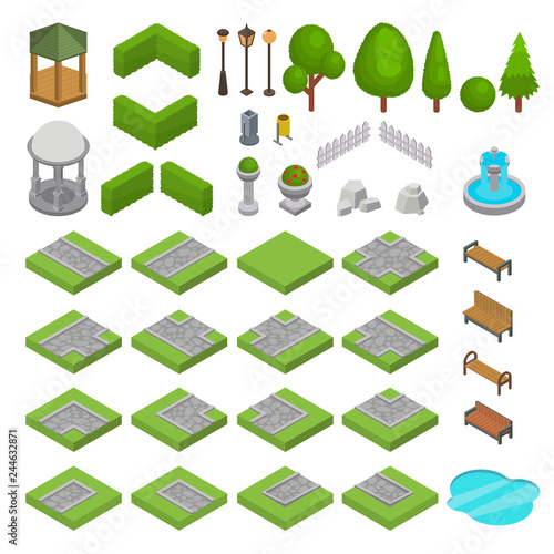 Park vector isometric parkland with green garden trees grass and bench fountain pond in city illustration set of parkway in cityscape or landscape isolated on white background