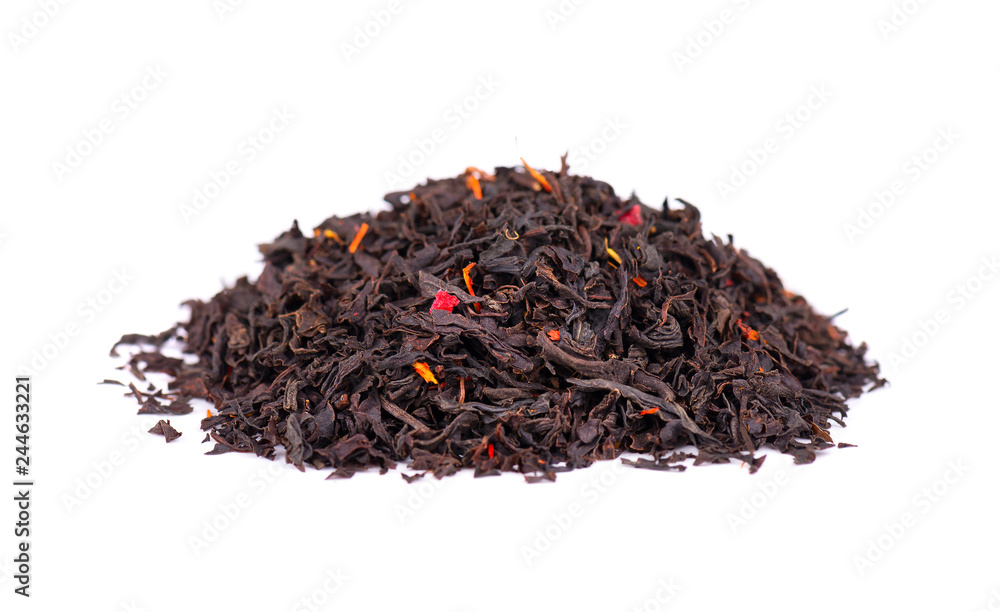 Black Ceylon tea with flower petals and bergamot, isolated on white background. Black Ceylon tea with flower petals and bergamot, isolated on white background.