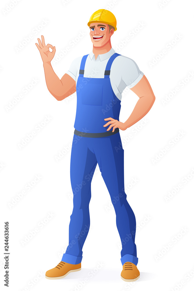 Smiling worker in coveralls showing OK sign. Vector illustration.