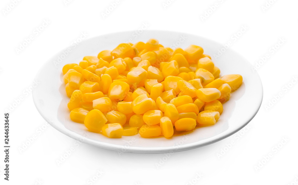 Corn on a white plate isolated on white background Corn on a white plate isolated on white background