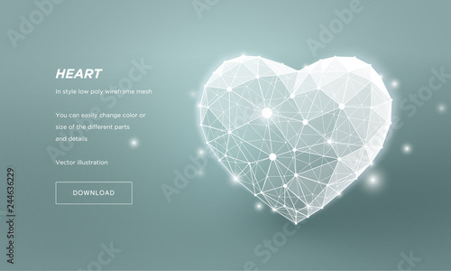 Heart in style Low poly wireframe mesh. Abstract on blue background. Concept Love or medicine or health care.Plexus lines and points in the constellation. Particles are connected in a geometric shape.