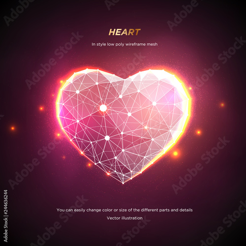 Heart in style Low poly wireframe mesh. Abstract on pink background. Concept Love or technology. Plexus lines and points in the constellation. Particles are connected in a geometric shape. Starry sky.