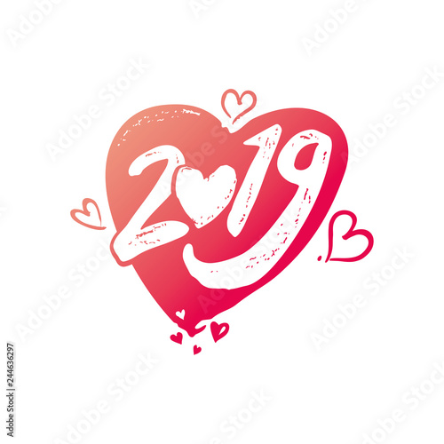 Big red heart 2019. Valentine's Day 2019 modern calligraphy. Valentines day holidays typography print, postcard, t-shirt and more. Vector illustration 