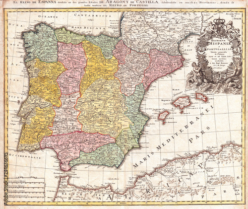1730, Homann Map of Spain and Portugal