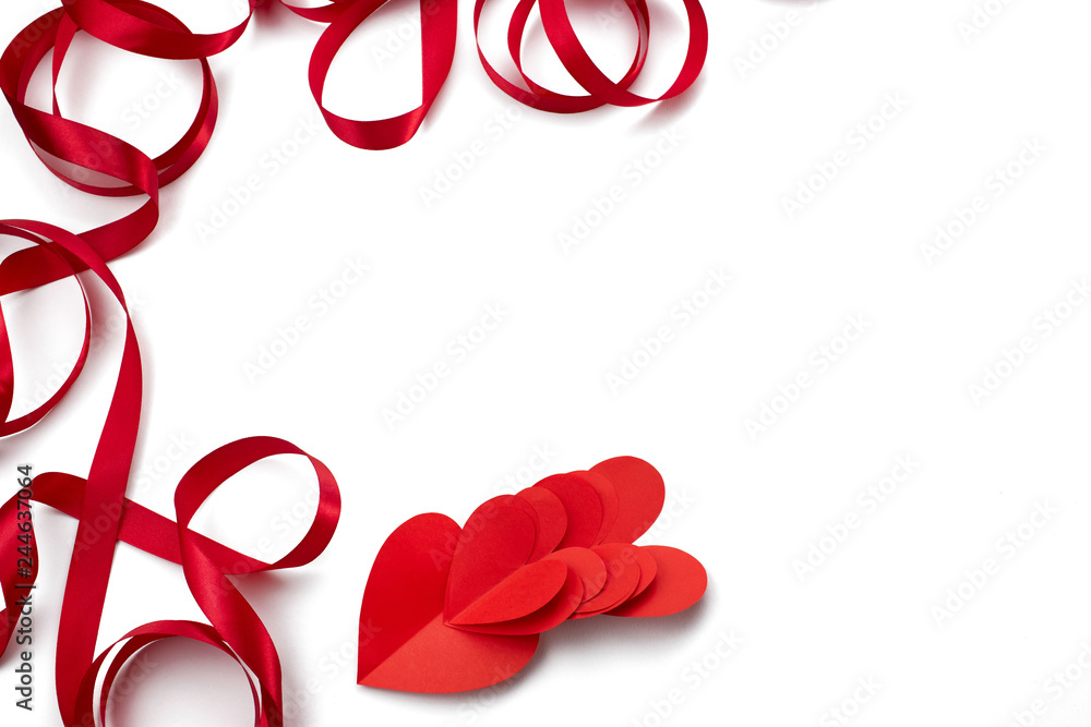 Frame of satin red ribbon heart white background concept of Valentine's day Frame of satin red ribbon heart white background concept of Valentine's day