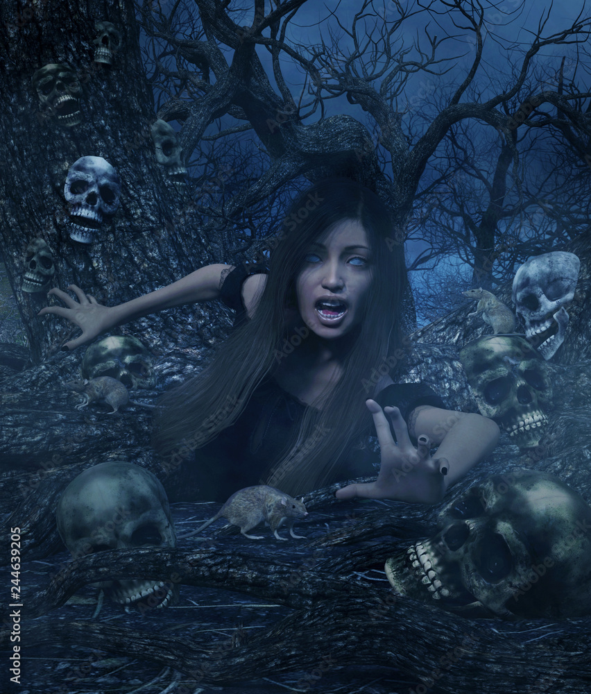 Ghost woman in haunted forest,3d illustration