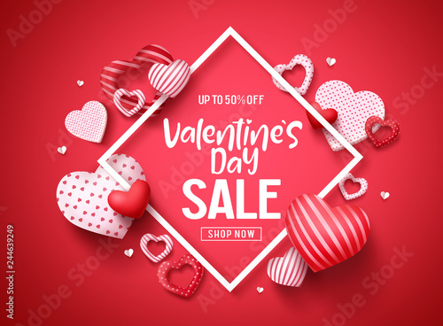 Valentines sale vector banner design. Valentines day store discount promotion template with hearts elements and white frame in red background. Vector illustration.