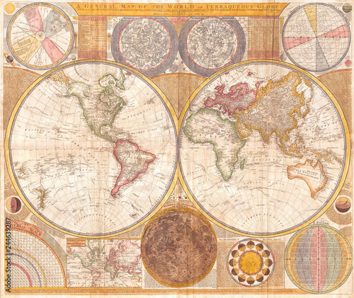 1794, Samuel Dunn Wall Map of the World in Hemispheres