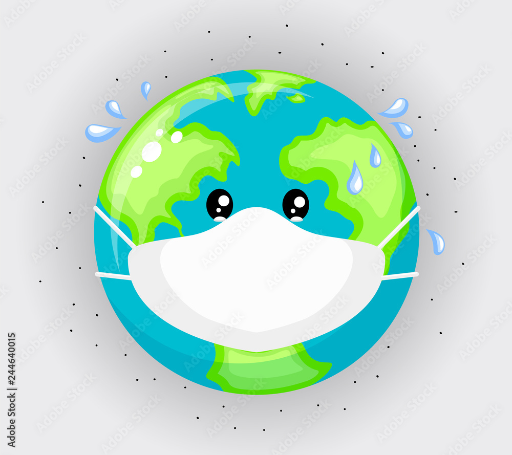 Sad planet earth wearing protective face masks . Environmental pollution concept. Fine dust, air pollution, industrial smog, pollutant gas emission. Vector illustration. Sad planet earth wearing protective face masks . Environmental pollution concept. Fine dust, air pollution, industrial smog, pollutant gas emission. Vector illustration.
