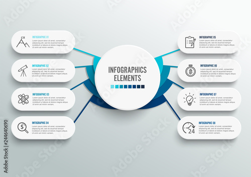 Vector infographic template with 3D paper label, integrated circles. Business concept with 8 options. For content, diagram, flowchart, steps, parts, timeline infographics, workflow, chart.