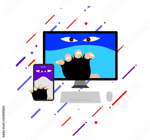 the criminal hacker concept show the funny cartoon that the thief is holding his hand out of the computer and mobile phone to steal personal information