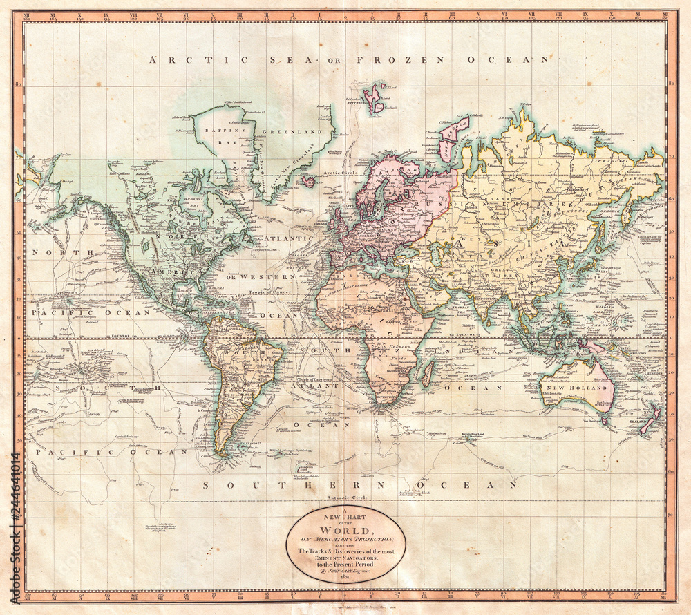 Obraz premium 1801, Cary Map of the World on Mercator Projection, John Cary, 1754-1835, angielski kartograf