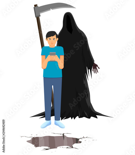 Man additect to smartphone with Grim Reaper vector