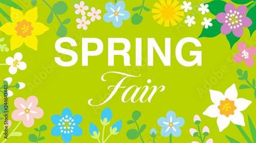 Round frame of Colorful Wildflowers, including words "SPRING Fair" - Green color background