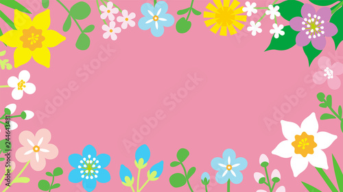 Round frame of Colorful Wildflowers - Pink color background