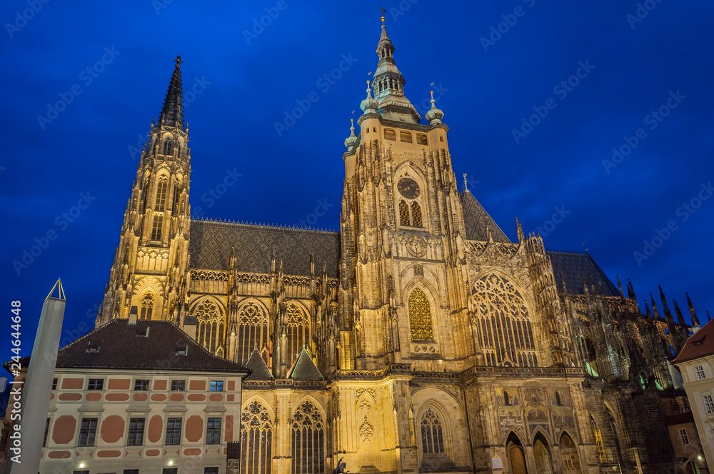 Gothic St. Vitus Cathedral in Prague, Night view of gothic St. Vitus Cathedral in Prague, Czech Republic